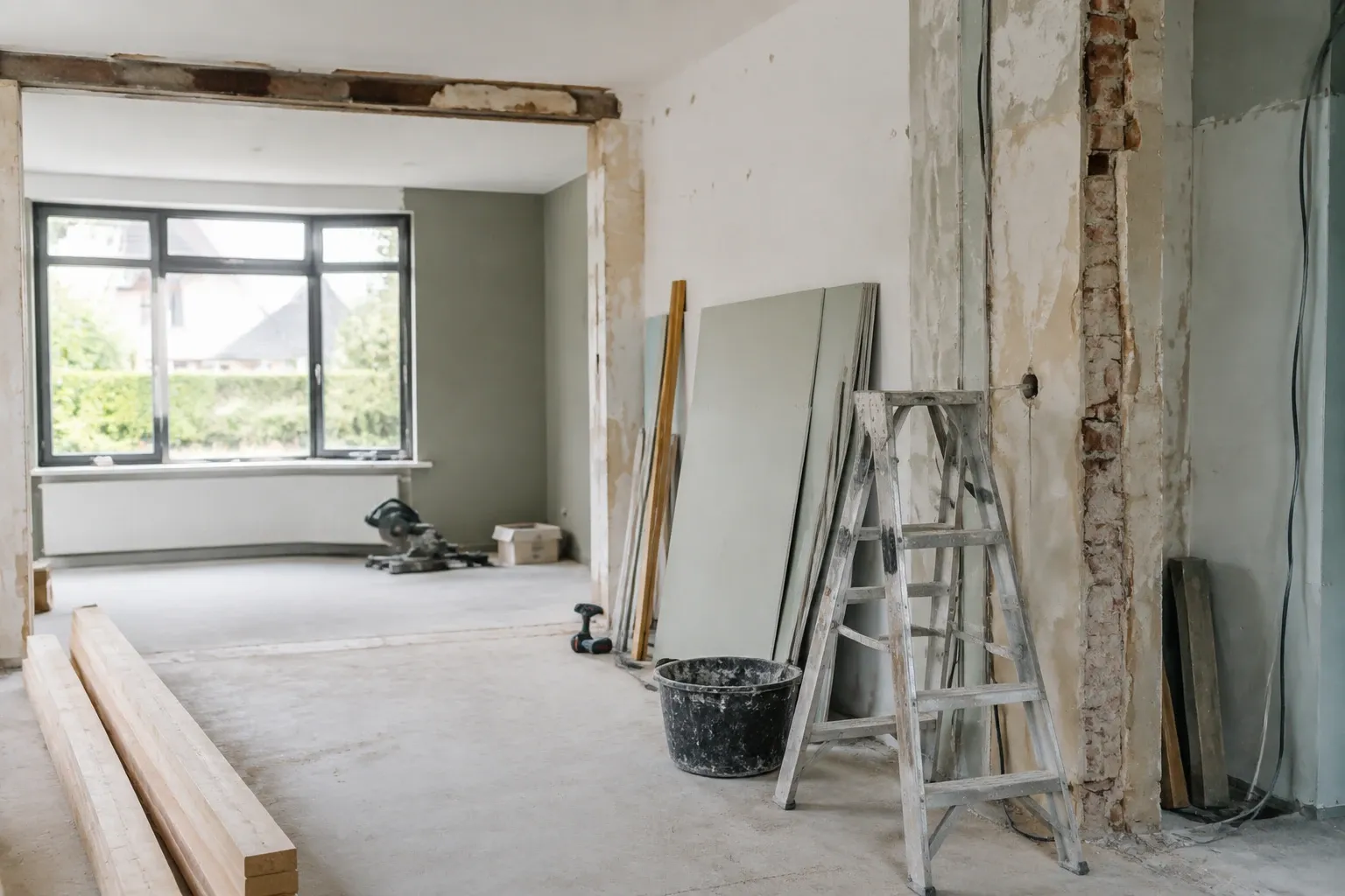 Leeg woonkamergedeelte in renovatie met steiger, gipsplaten, balken en zaagmateriaal
