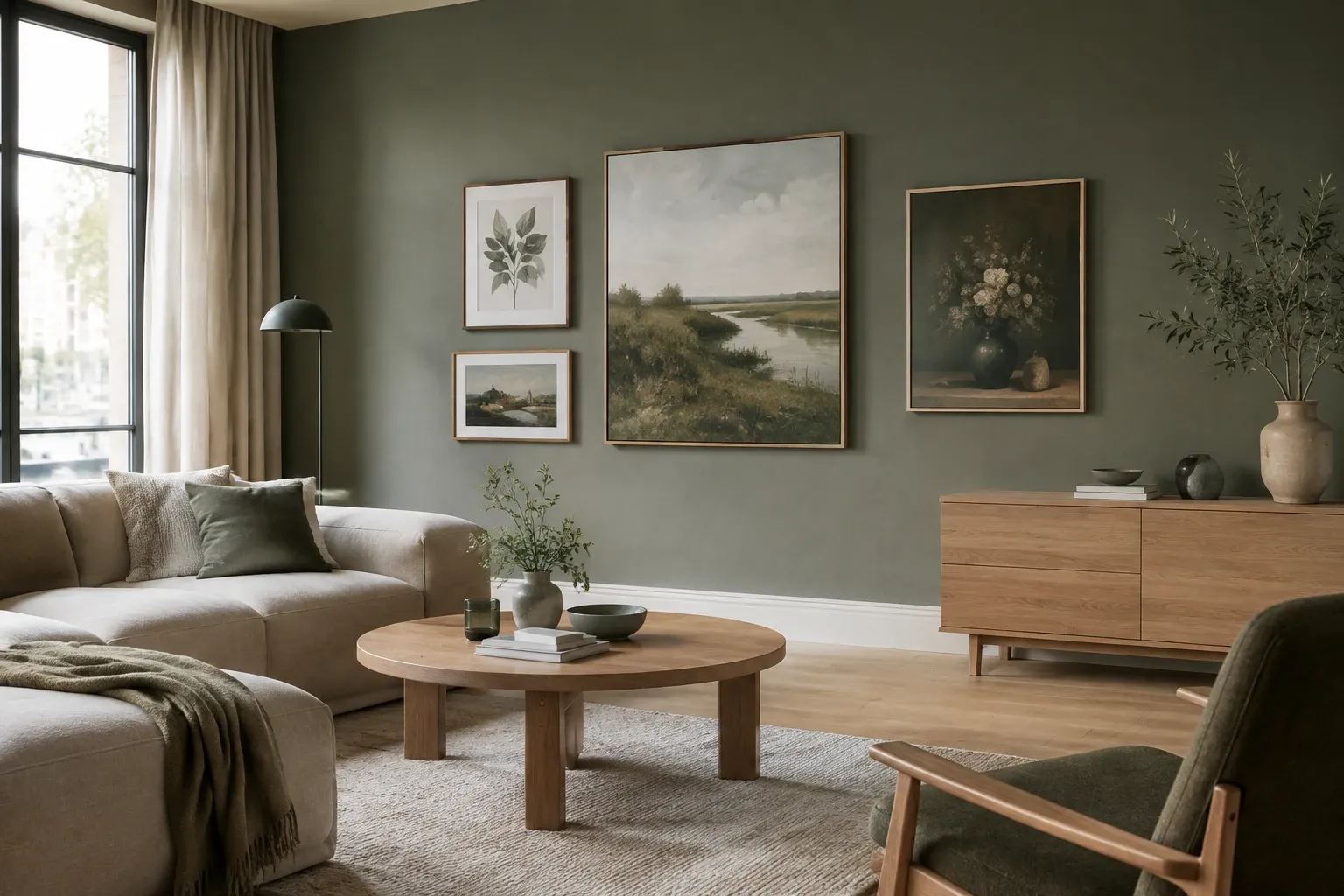 Sfeervolle woonkamer met groen geverfde wand en vier schilderijen boven houten meubel