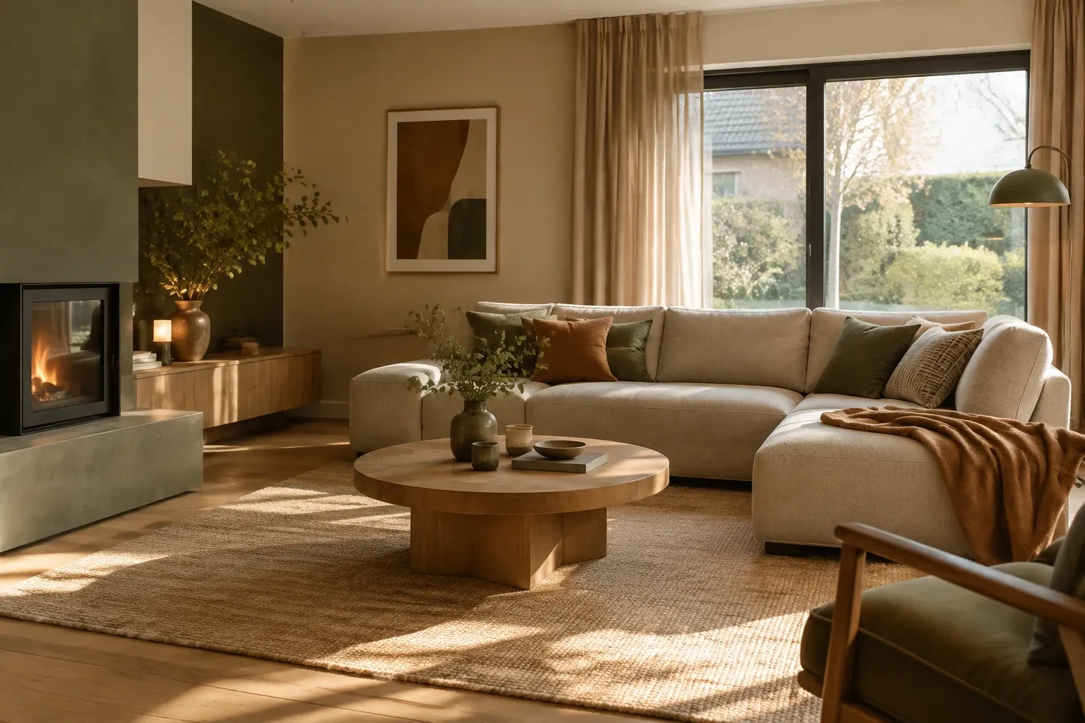 Lichte beige hoekbank met houten salontafel, vloerkleed en warme haard verlichting